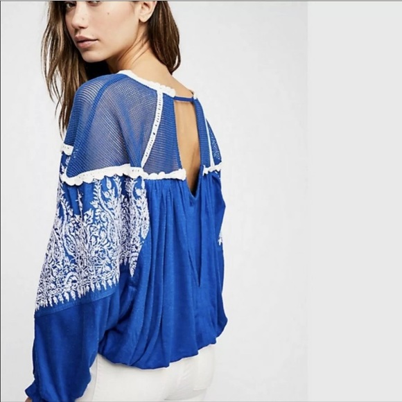 Free People Embroidered Sequin Mesh Balloon Peasant Blouse Top - Picture 6 of 13